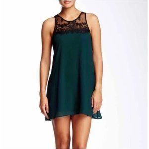 Socialite Women's Dress XS Green Mini with Black Lace Fully Lined Button EUC